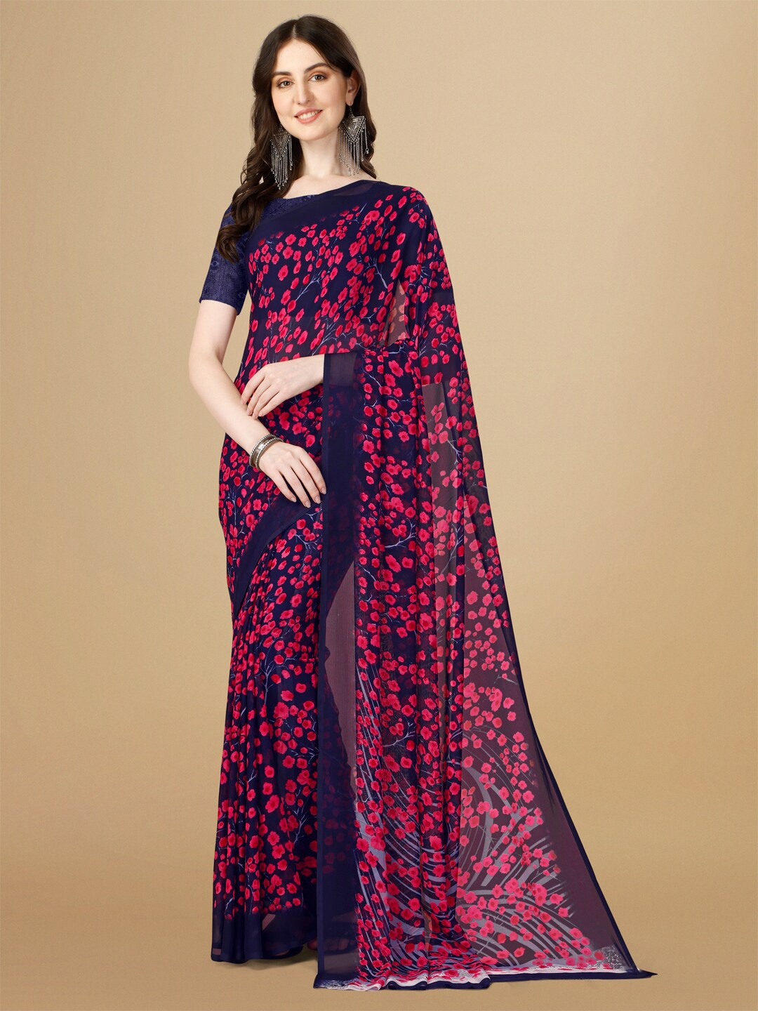 

Sangria Floral Printed Pure Georgette Saree, Navy blue
