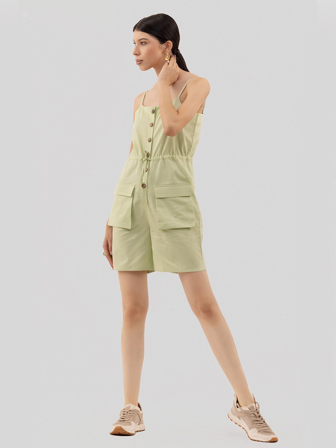 

Samshek Shoulder Straps Cotton Playsuit Jumpsuit, Lime green
