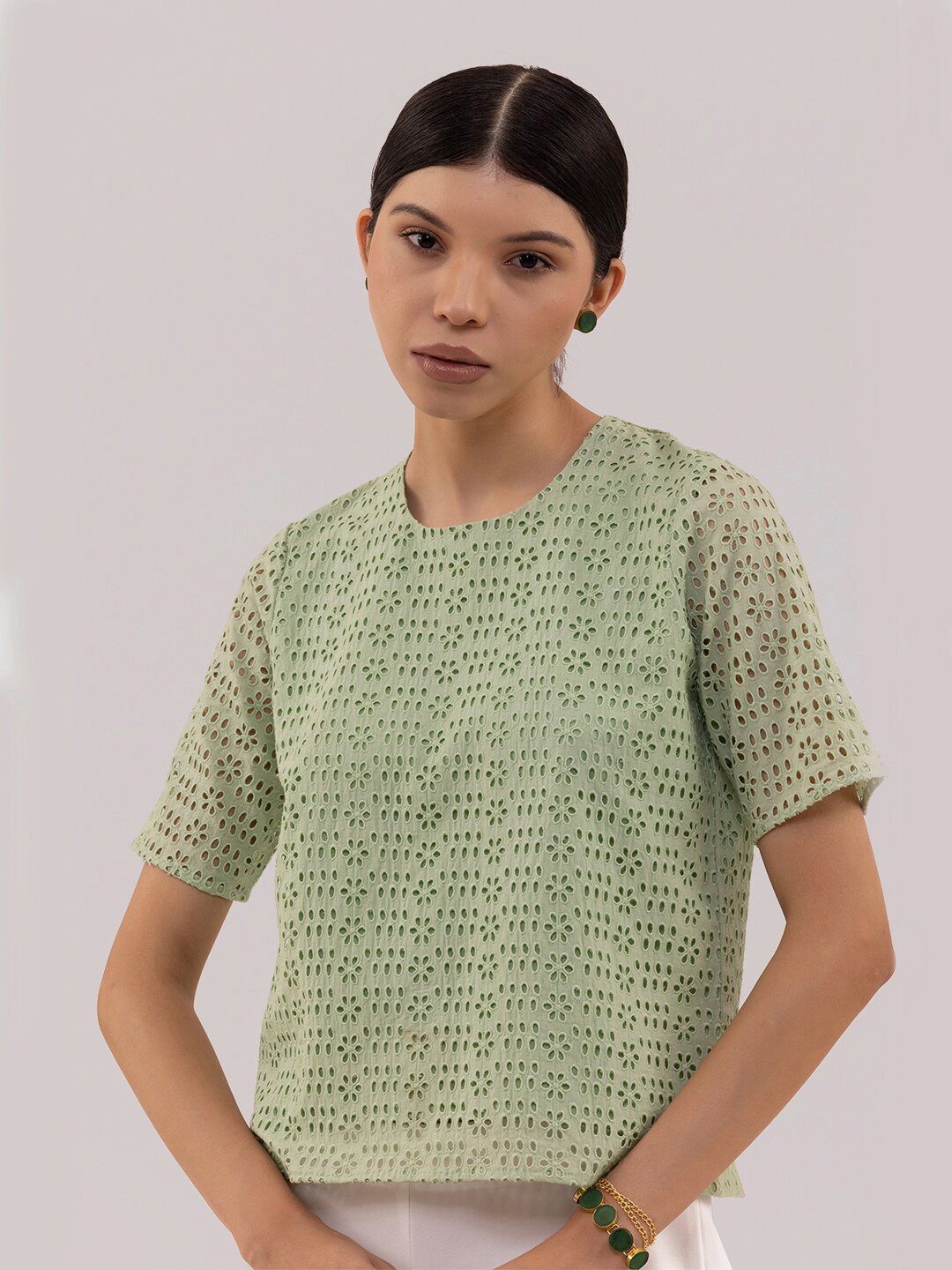 

Samshek Self Design Schiffli Cotton Regular Top, Green