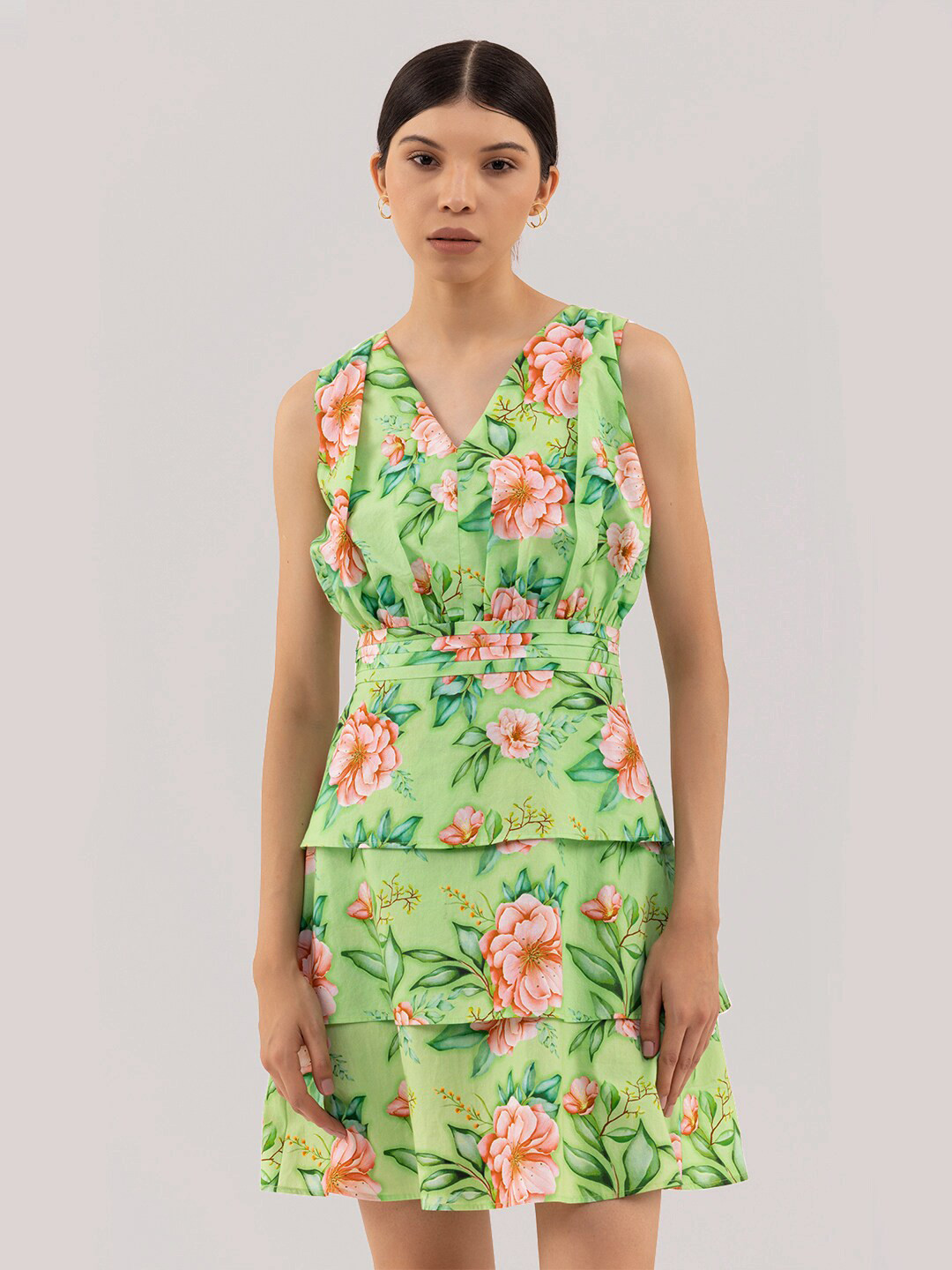 

Samshek Floral Printed V-Neck Layered Pure Cotton Fit & Flare Dress, Green