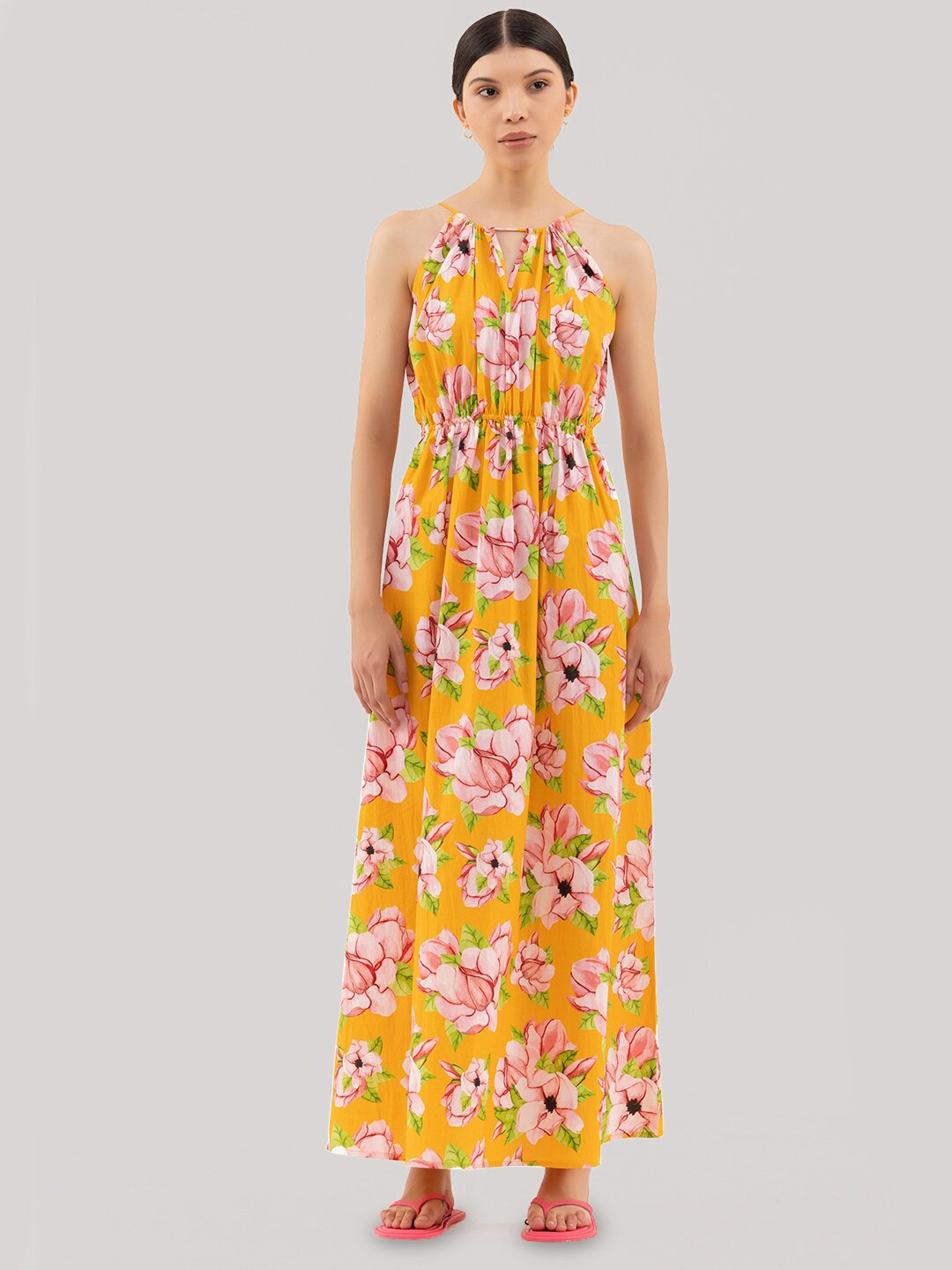 

Samshek Floral Printed Halter Neck Fit & Flare Dress, Orange