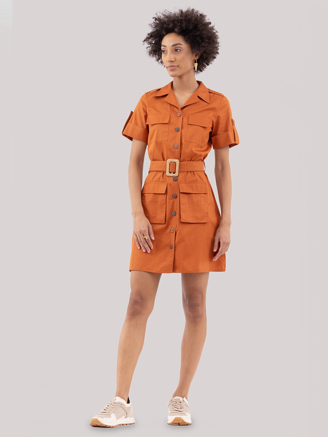 

Samshek Shirt Collar Roll-Up Sleeve Belted Pure Cotton Shirt Dress, Tan