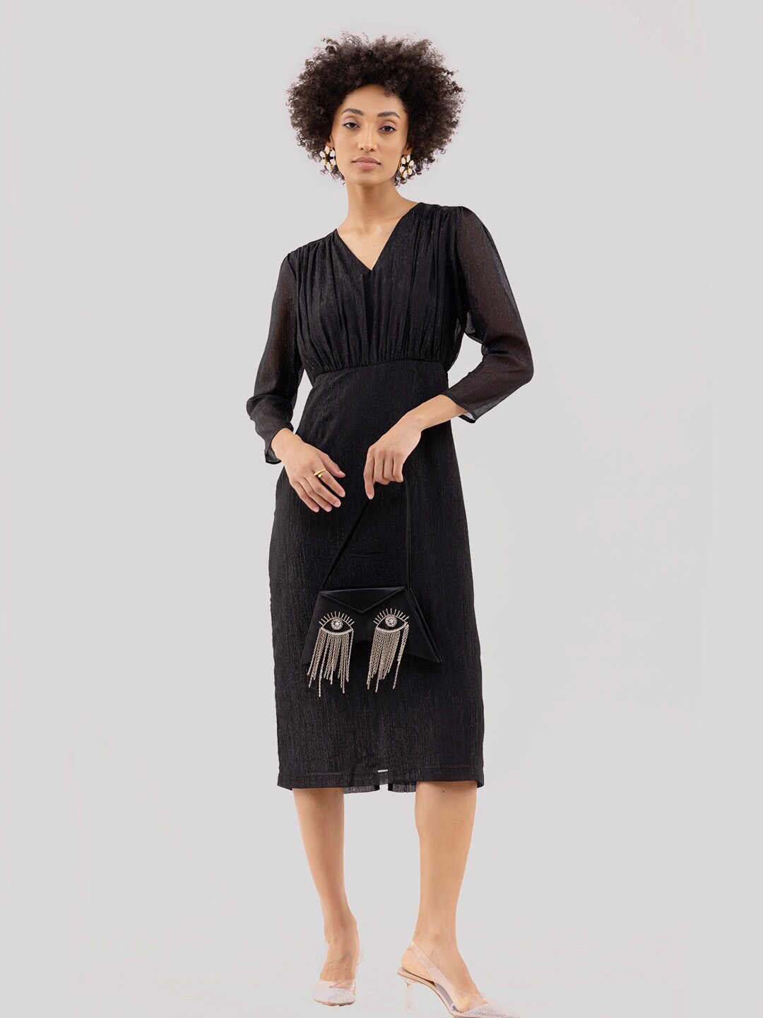 

Samshek V-Neck Gathered Detailed Sheath Midi Dress, Black