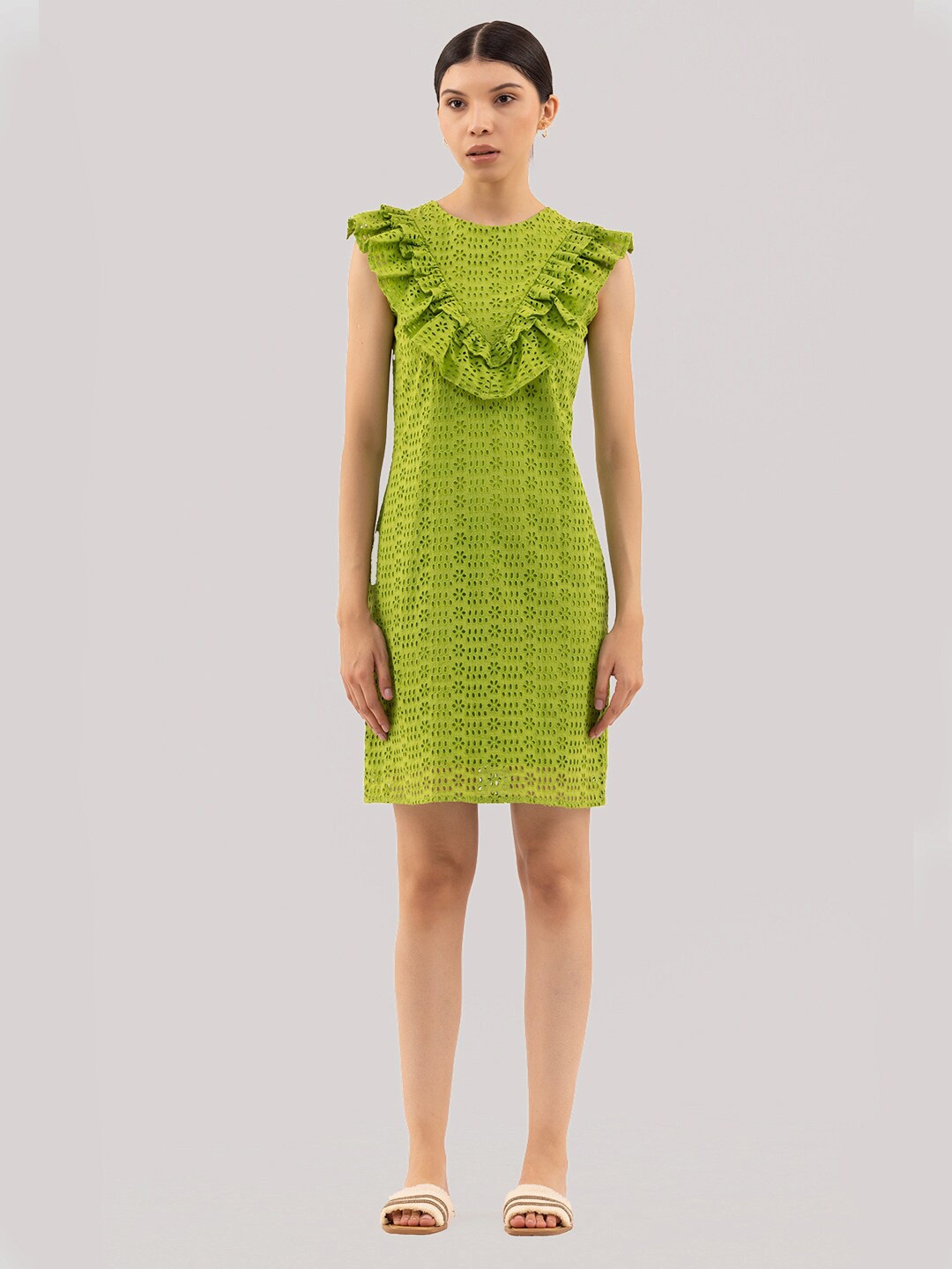 

Samshek Self Designed Ruffled Detailed Round Neck Sheath Dress, Green