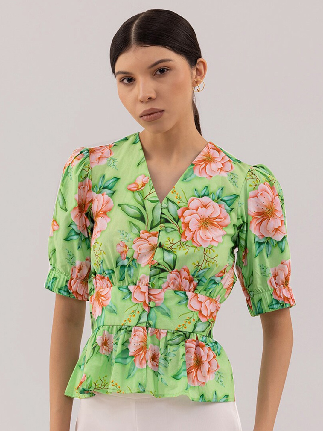 

Samshek Floral Print Puff Sleeve Cotton Cinched Waist Top, Green