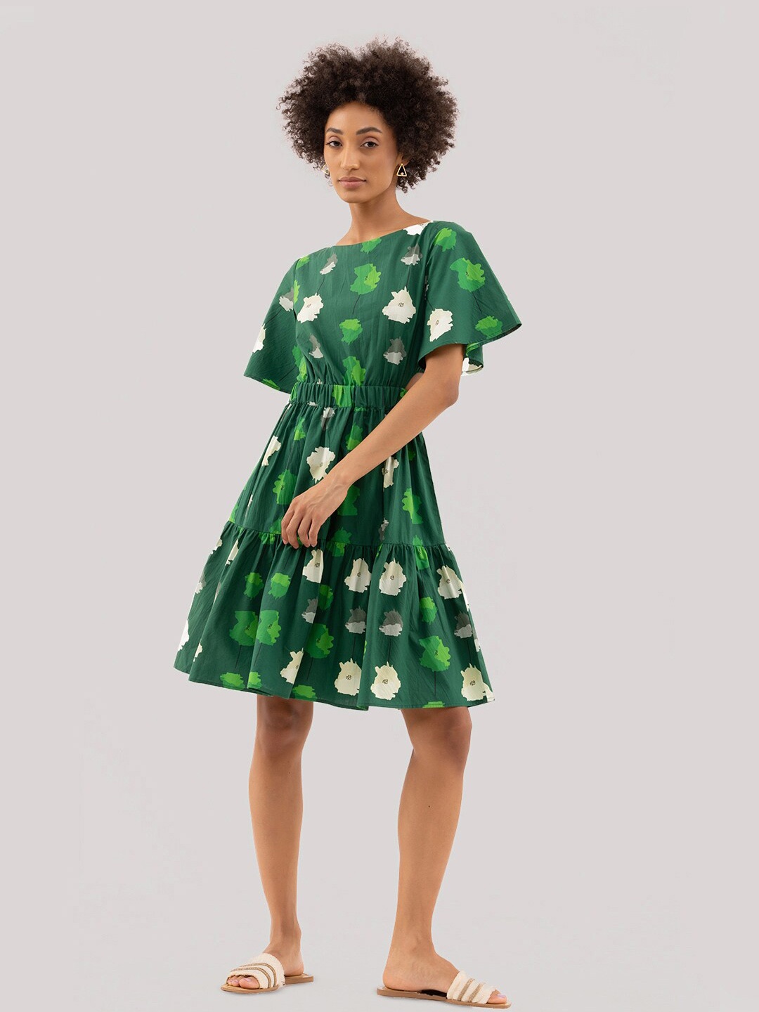 

Samshek Floral Printed Boat Neck Cut-Outs Tiered Pure Cotton Fit & Flare Dress, Green