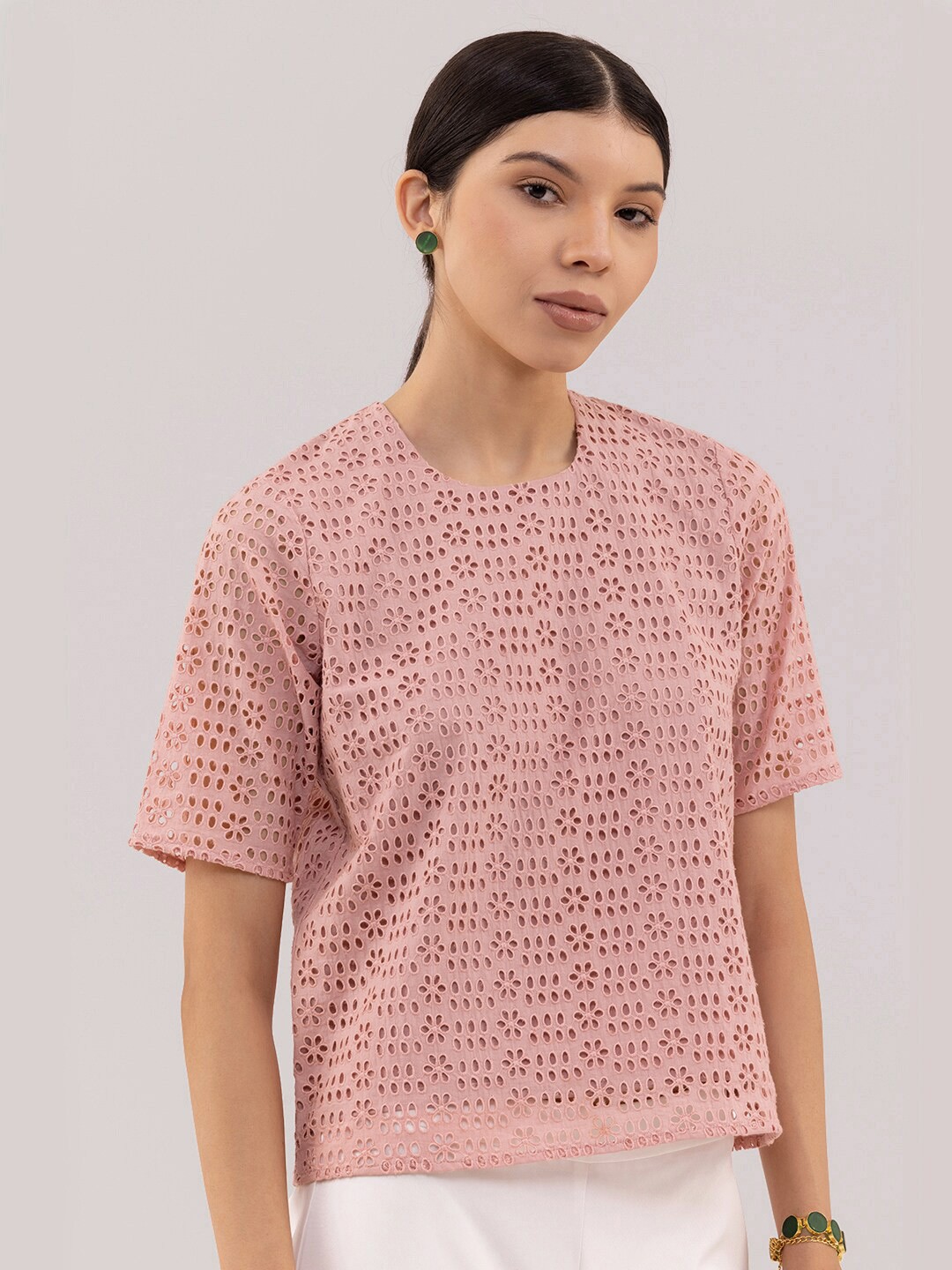 

Samshek Round Neck Self Design Cotton Top, Pink