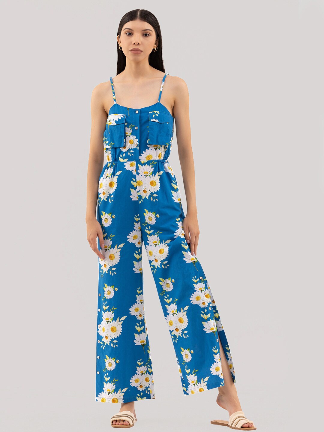 

Samshek Shoulder Straps Printed Cotton Basic Jumpsuit, Blue