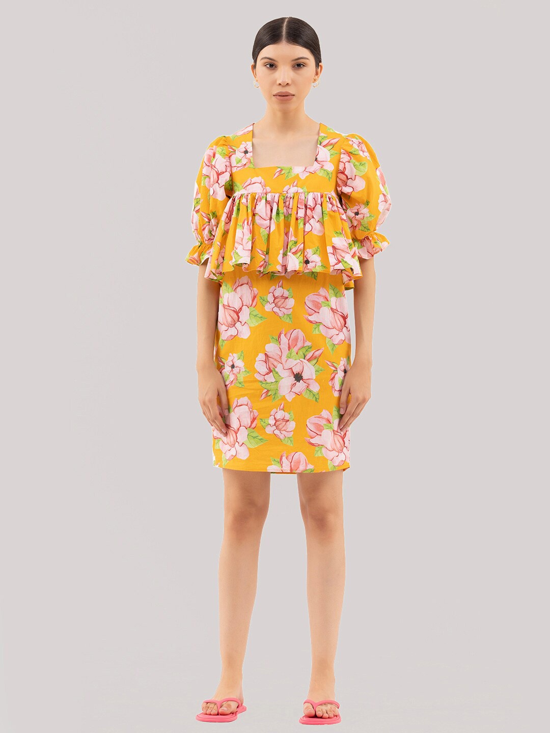 

Samshek Floral Printed Puffed Sleeves Ruffles Detailed Sheath Dress, Yellow