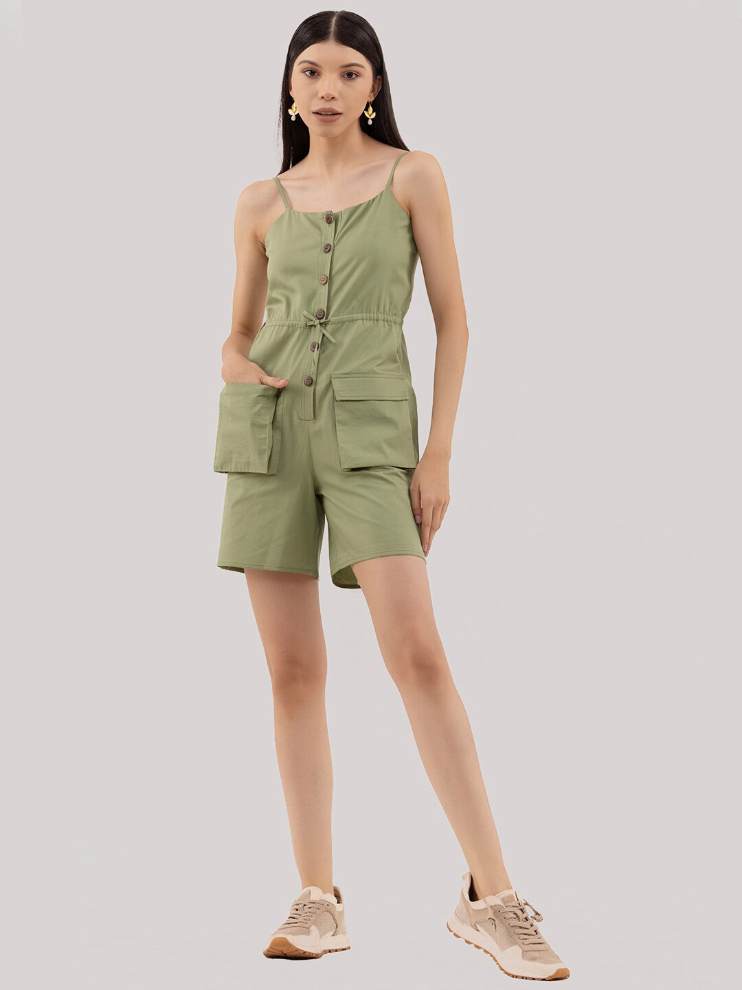 

Samshek Shoulder Straps Cotton Playsuit Jumpsuit, Khaki