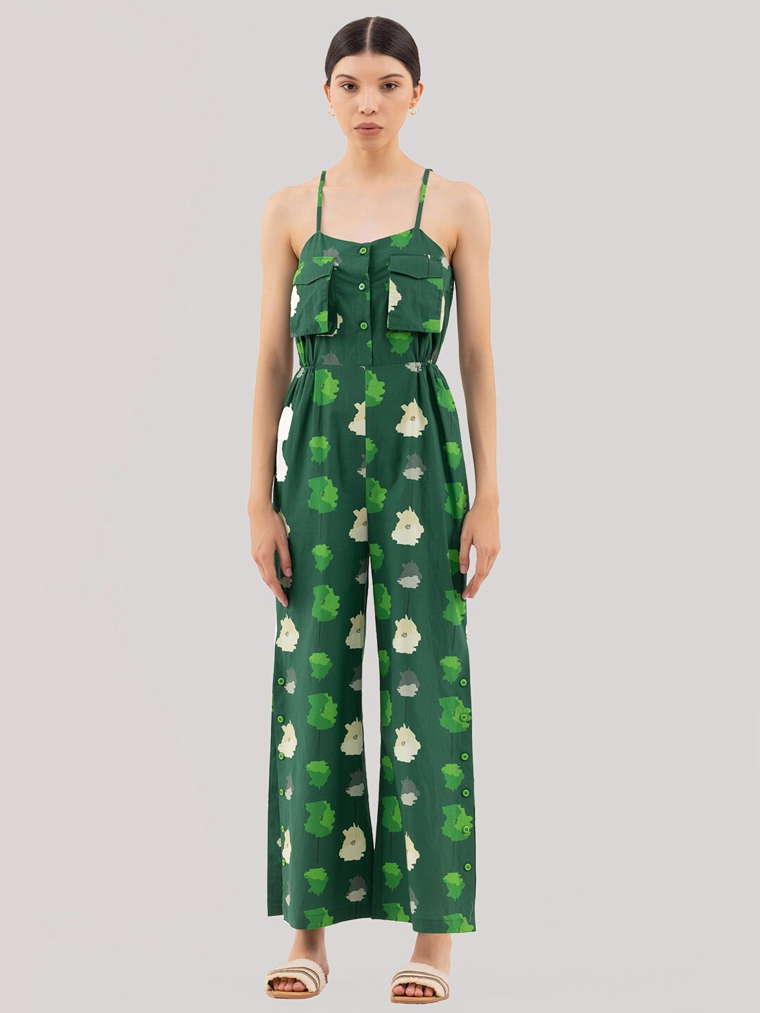 

Samshek Shoulder Straps Printed Cotton Basic Jumpsuit, Green