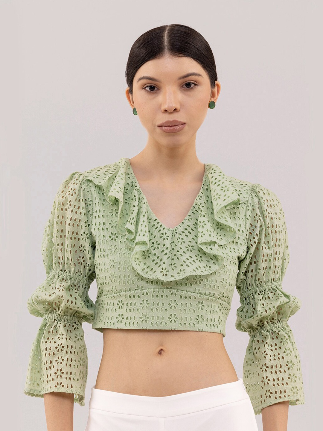 

Samshek Self Design Bell Sleeves Cotton Crop Regular Top, Green