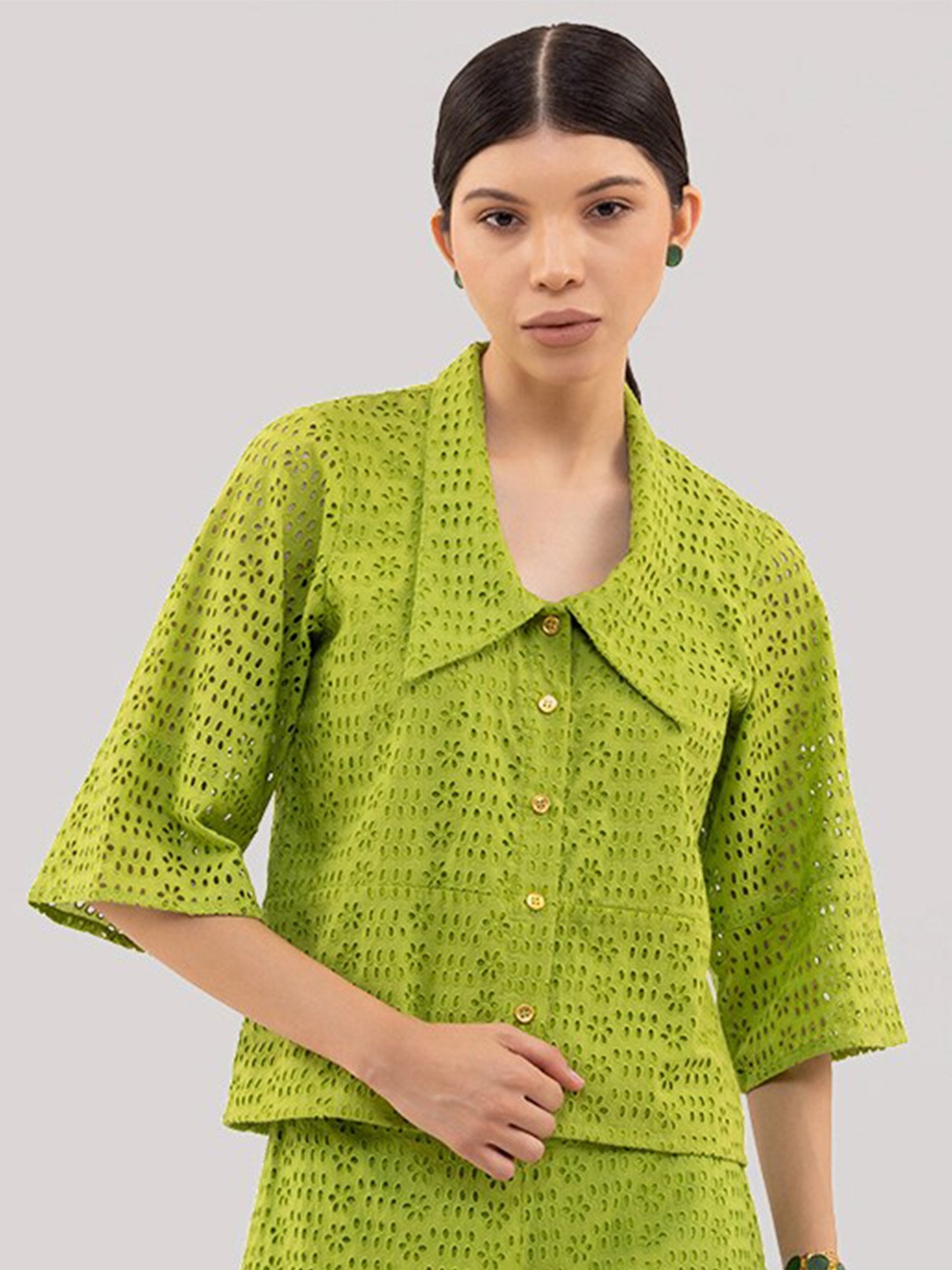 

Samshek Self Design Cotton Shirt Style Top, Green