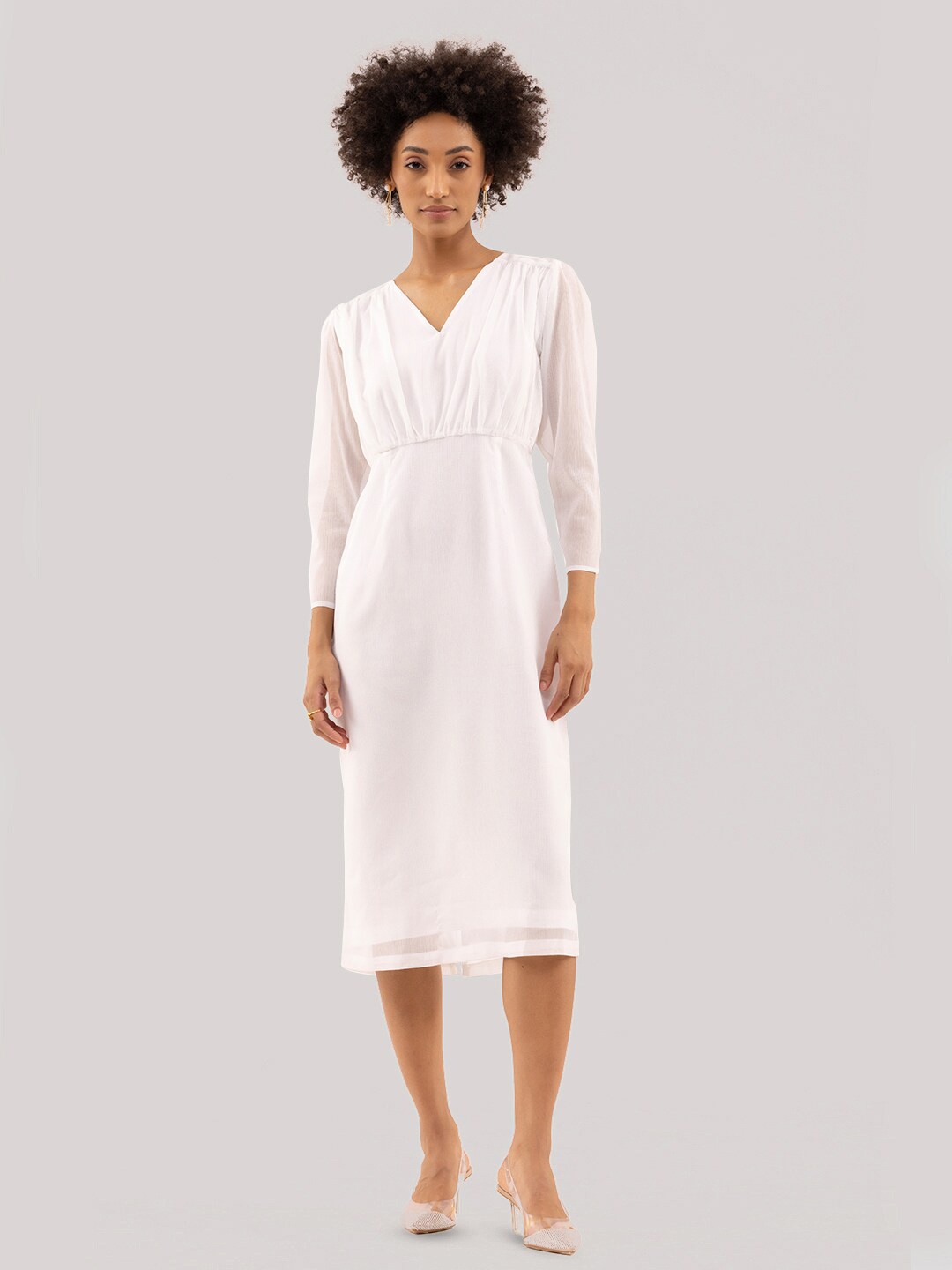 

Samshek V-Neck Gathered Detailed Sheath Midi Dress, White