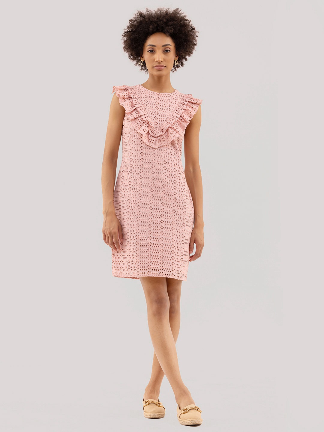 

Samshek Self Designed Ruffled Detailed Round Neck Sheath Dress, Pink