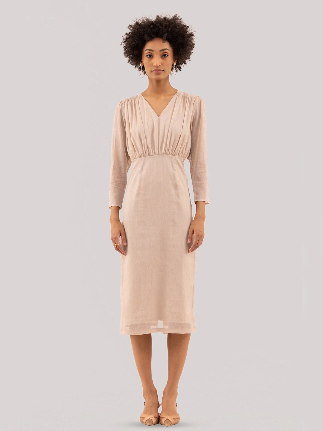 

Samshek V-Neck Gathered Detailed Sheath Midi Dress, Beige