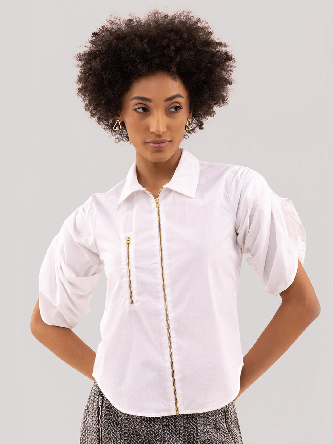 

Samshek Puff Sleeves Cotton Shirt Style Top, White