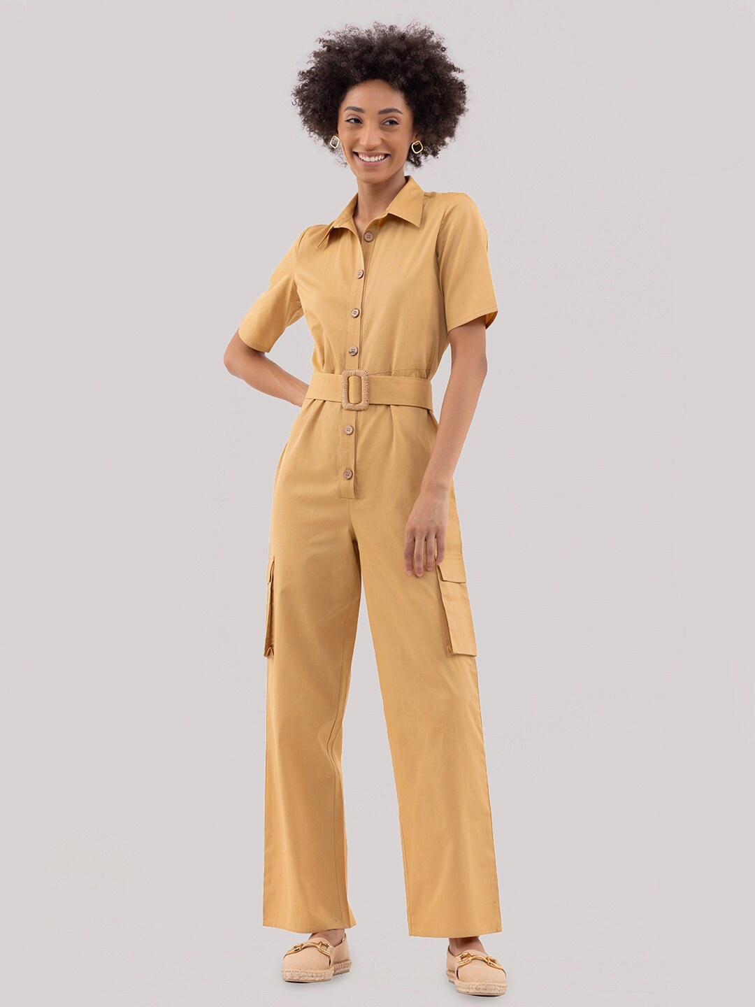 

Samshek Shirt Collar Cotton Basic Jumpsuit, Beige