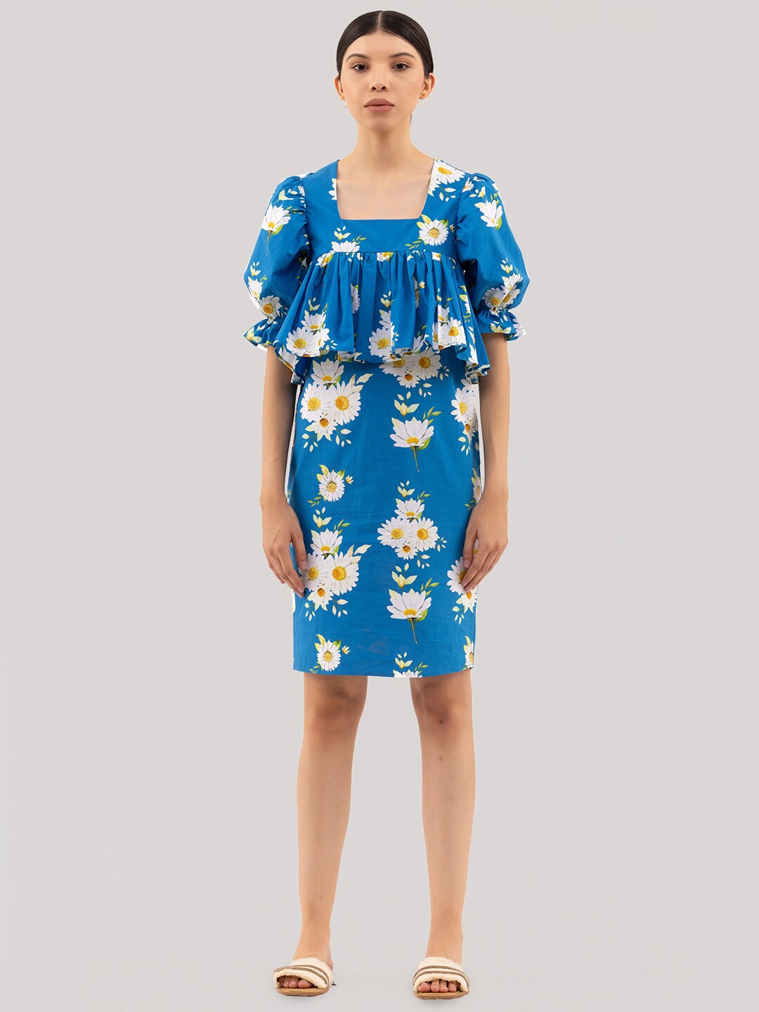 

Samshek Floral Printed Puffed Sleeves Ruffles Detailed Sheath Dress, Blue