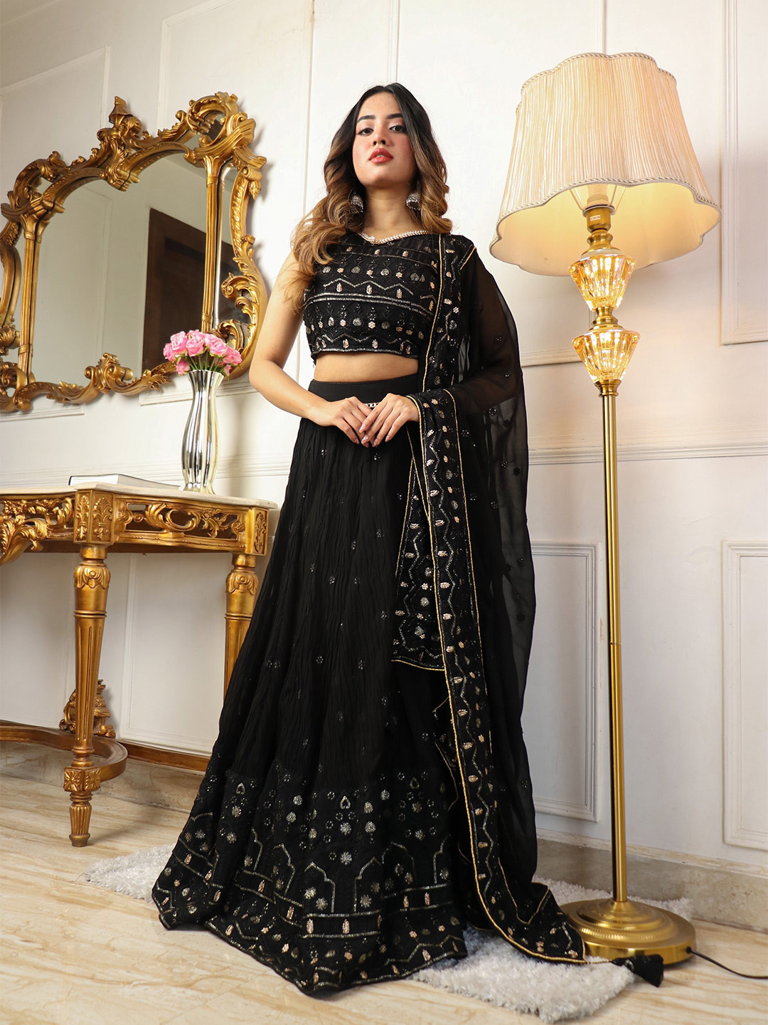 

Vidraa Western Store Embroidered Thread Work Ready to Wear Lehenga & Blouse With Dupatta, Black