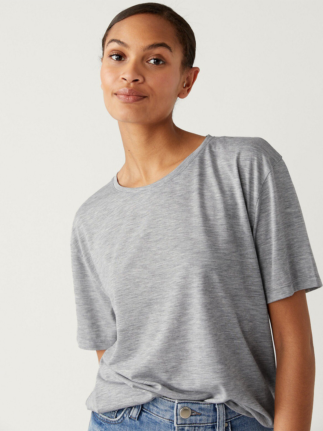 

Marks & Spencer Relaxed Fit Round Neck Casual T-shirt, Grey melange