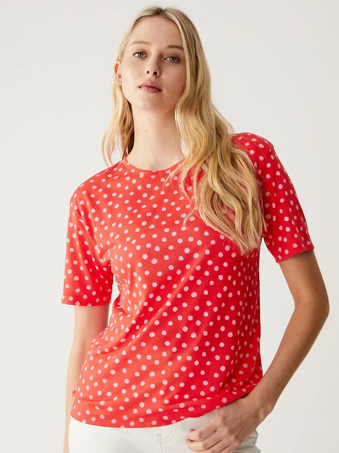 

Marks & Spencer Polka Dot Printed Relaxed Fit T-shirt, Red