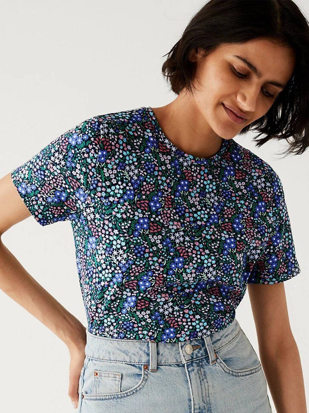 

Marks & Spencer Floral Printed T-shirt, Blue