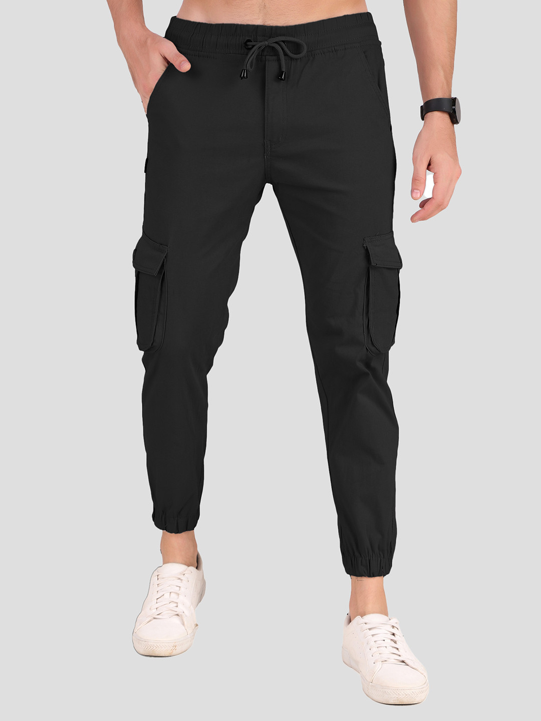 

PLUS 91 Men High-Rise Cotton Cargos Trousers, Black