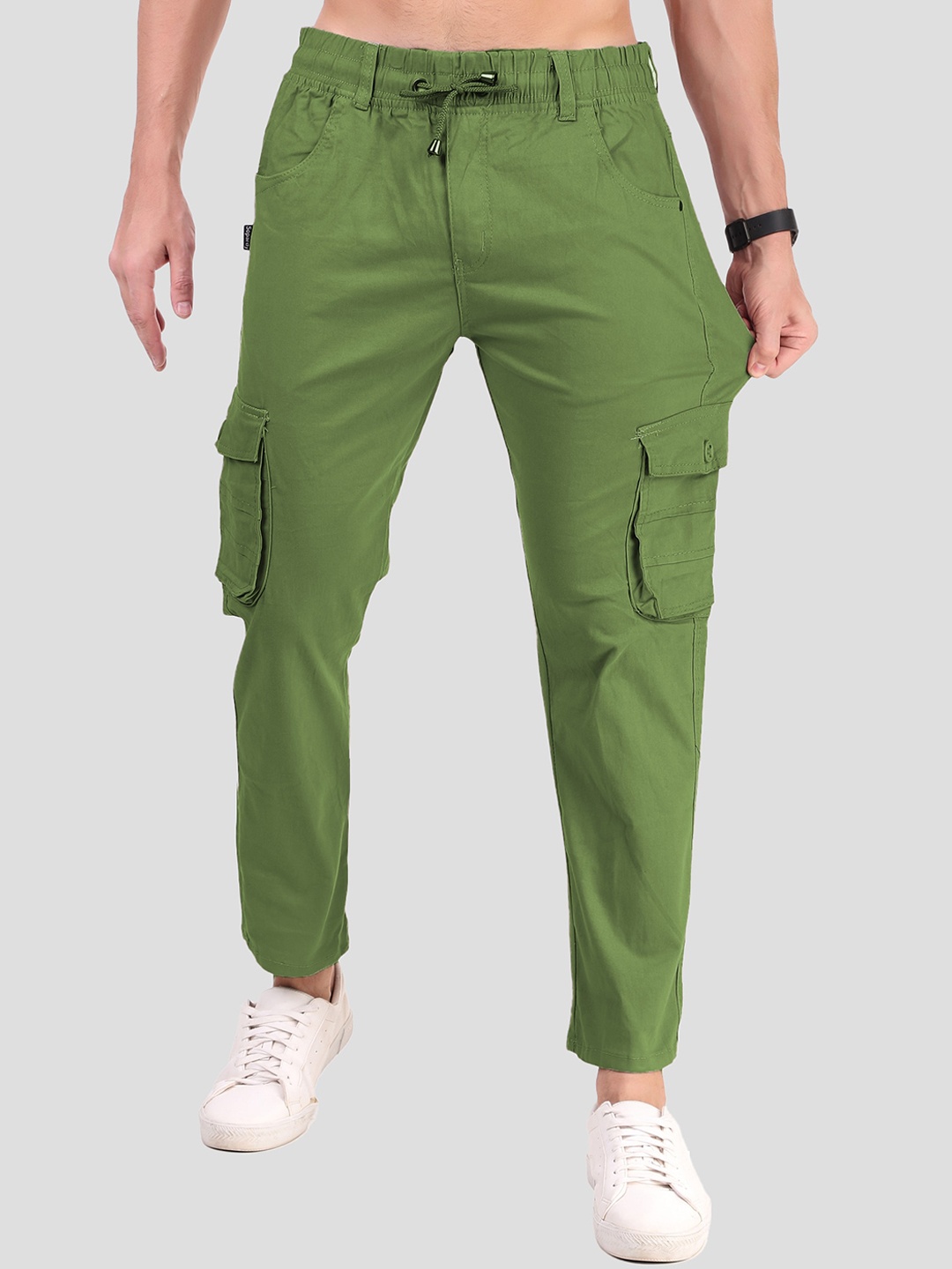 

PLUS 91 Men High-Rise Cotton Cargo Trousers, Lime green