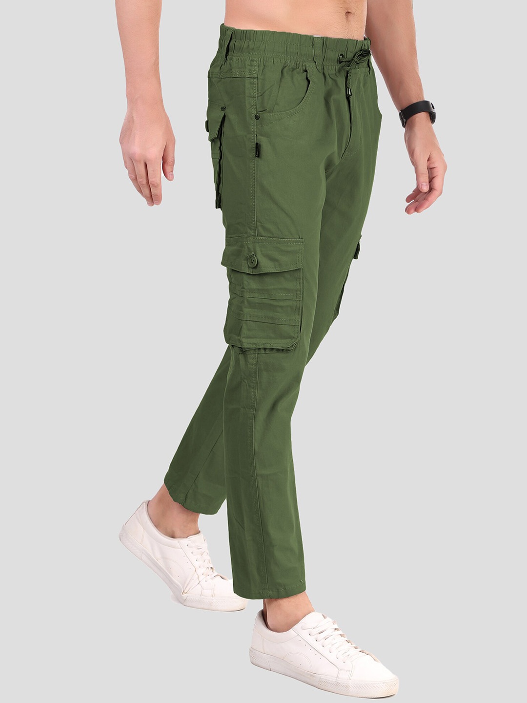 

PLUS 91 Men High-Rise Cotton Cargo Trousers, Green