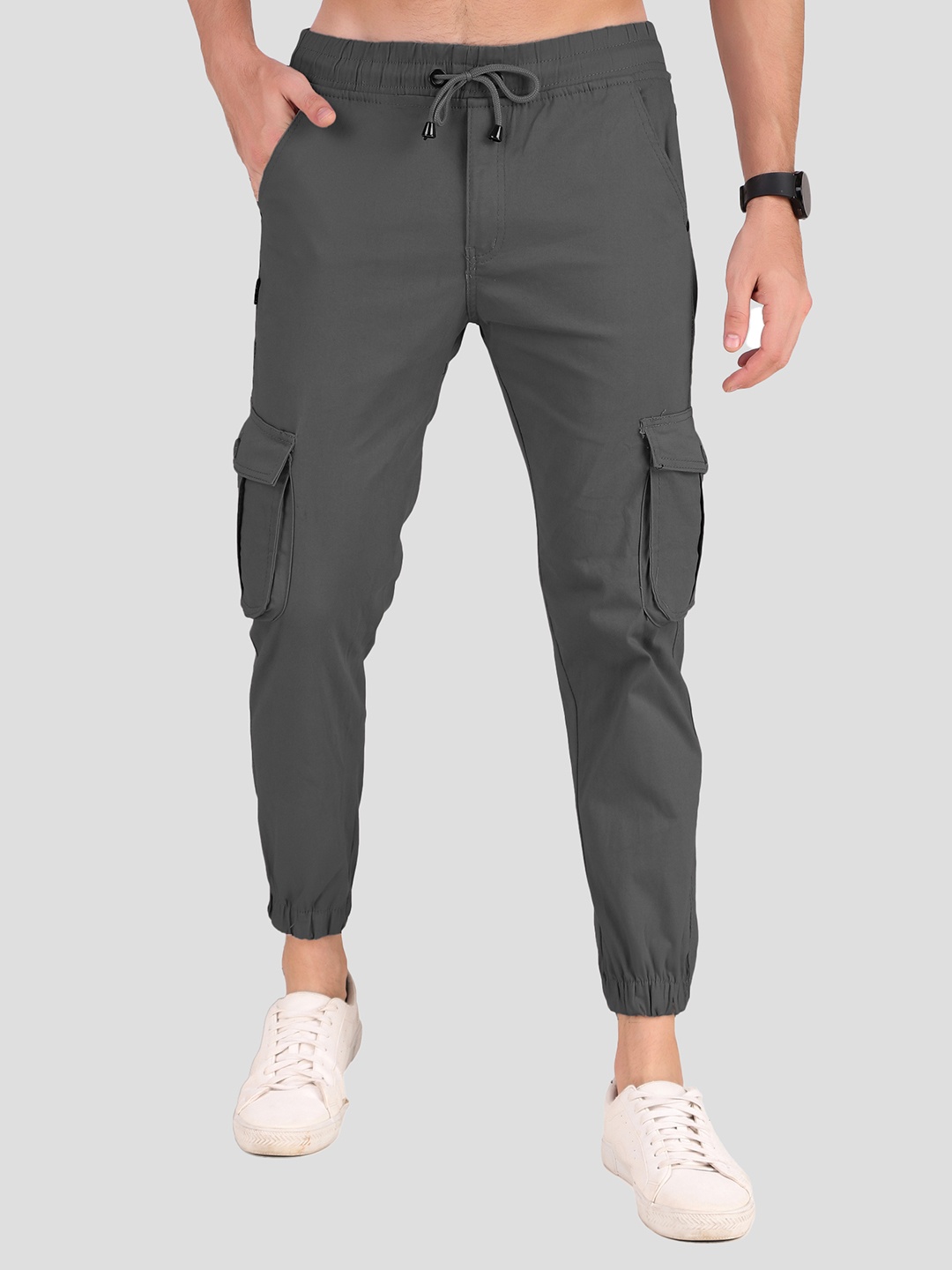

PLUS 91 Men High-Rise Cotton Cargo Trousers, Grey