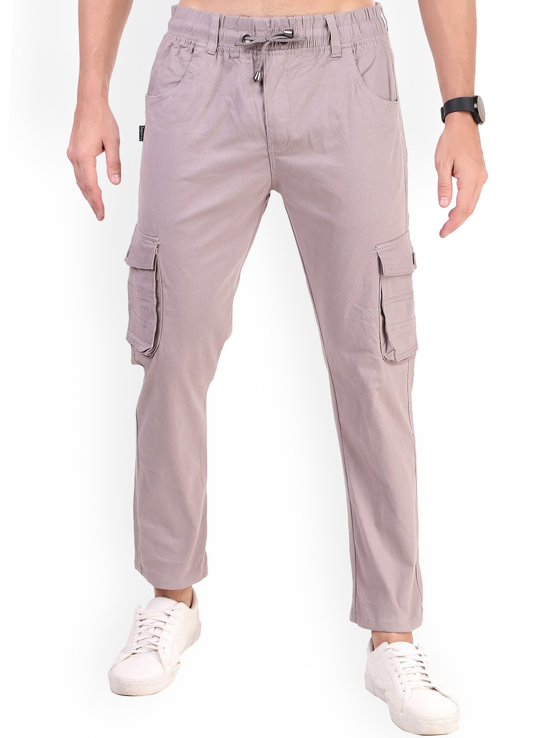 

PLUS 91 Men High-Rise Cotton Cargo Trousers, Grey melange