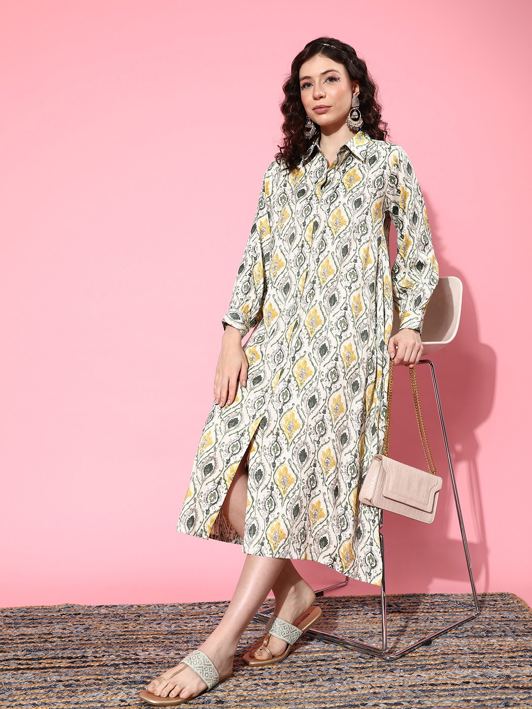 

Varanga Ethnic Print Crepe Shirt Midi Dress, Off white