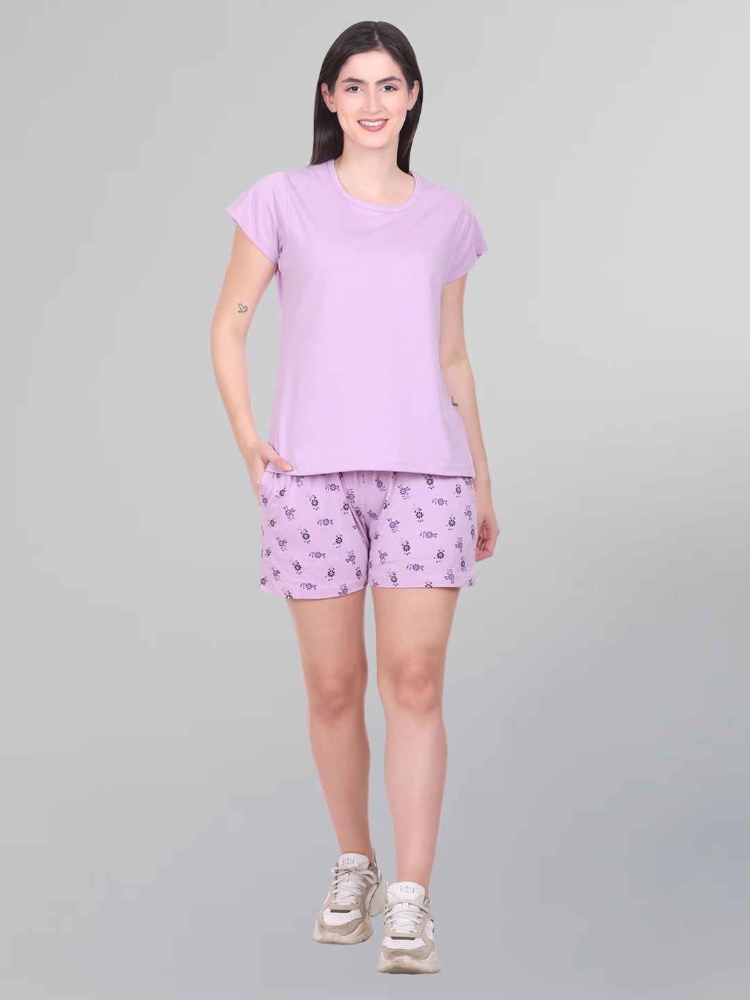 

GODFREY Mid-Rise Pure Cotton T-Shirt With Shorts, Lavender