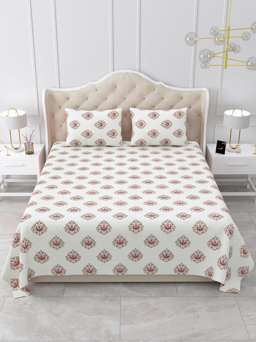 

BELLA CASA Stella Collection Orange Printed Cotton 180 TC King Bedsheet & 2 Pillow Covers