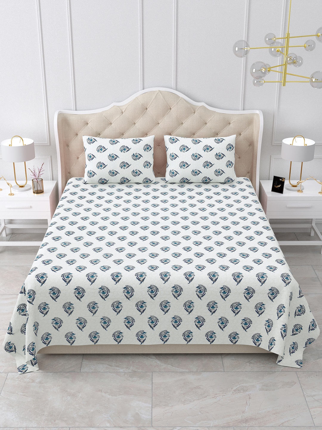 

BELLA CASA Stella Collection Blue Printed Cotton 180 TC King Bedsheet with 2 Pillow Covers