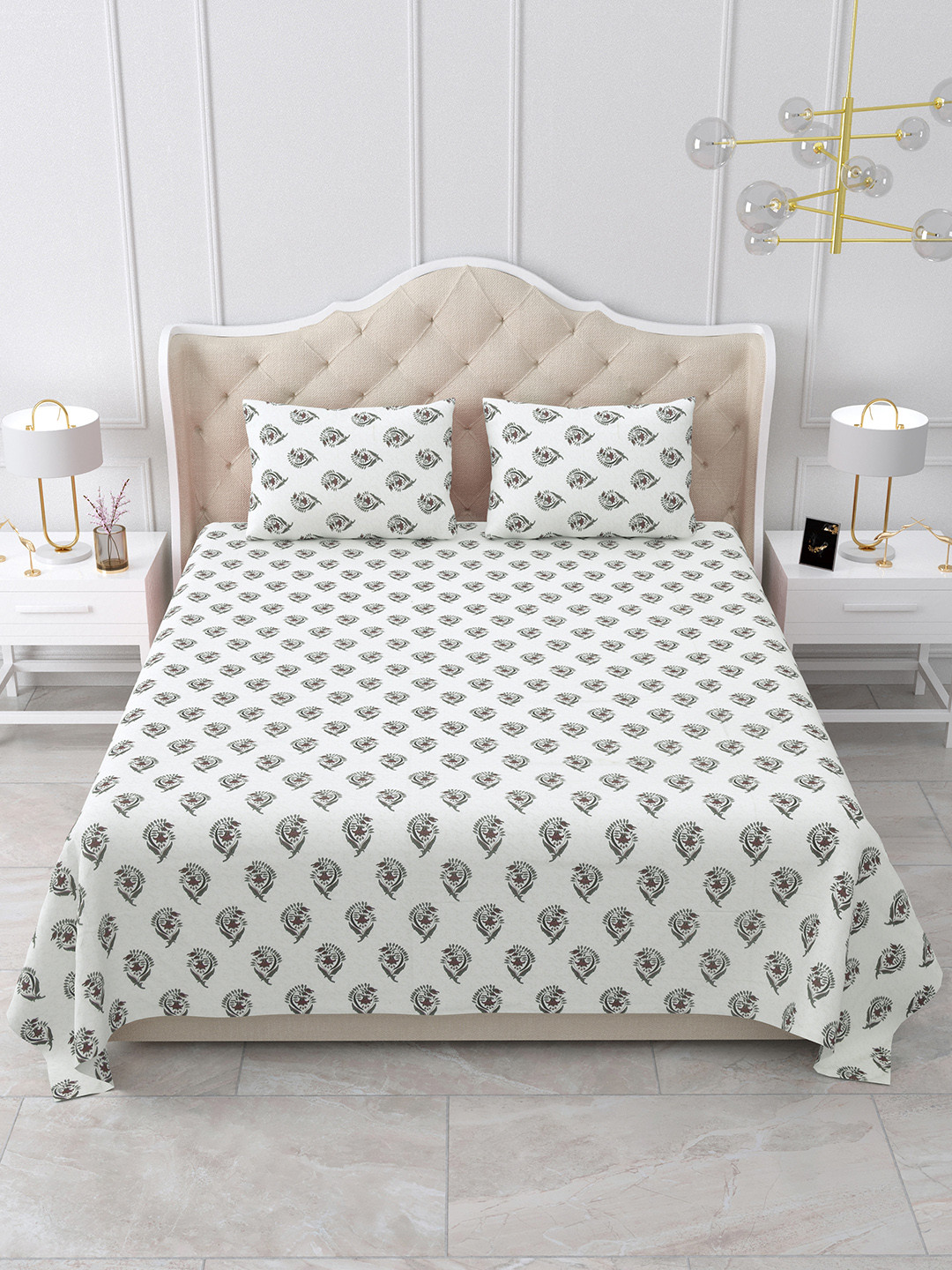 

BELLA CASA Stella Collection Brown Printed Cotton 180 TC King Bedsheet & 2 Pillow Covers