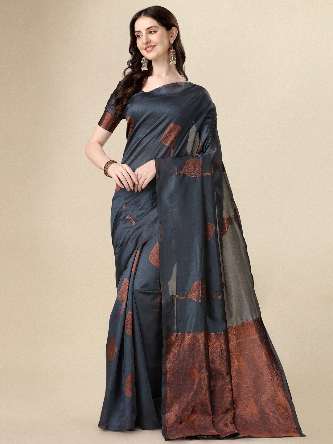 

Fashionuma Ethnic Motifs Woven Design Zari Art Silk Saree, Grey