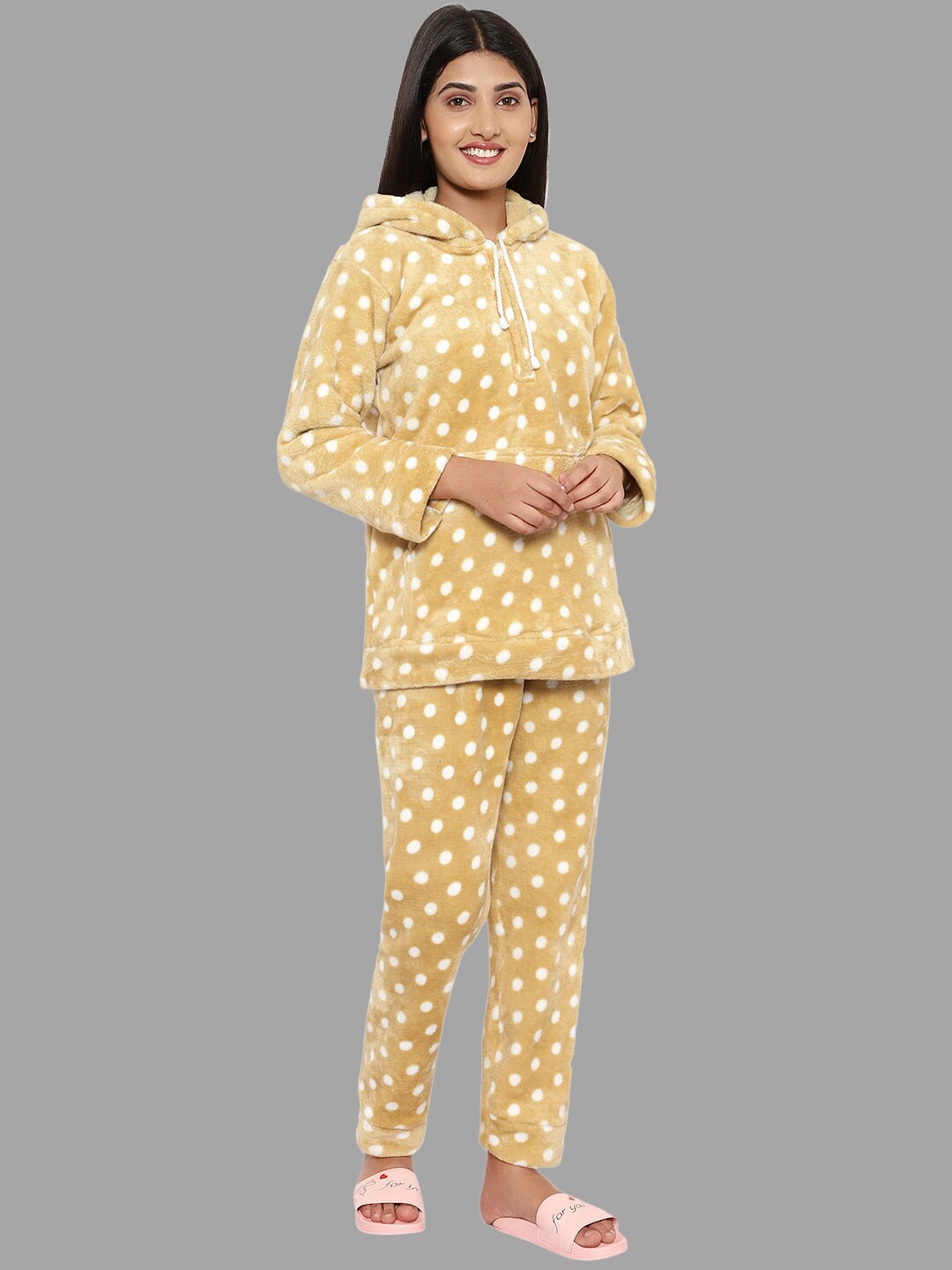 

PALIVAL Polka Dots Printed Night suit, Camel brown