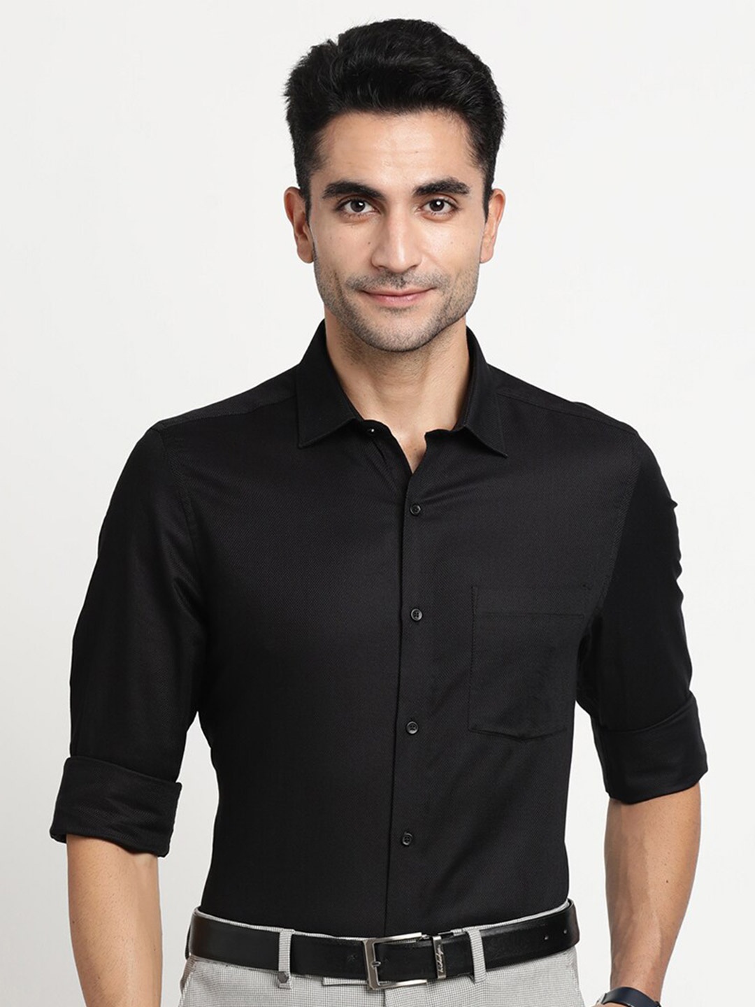 

Turtle Modern Slim Fit Opaque Pure Cotton Formal Shirt, Black