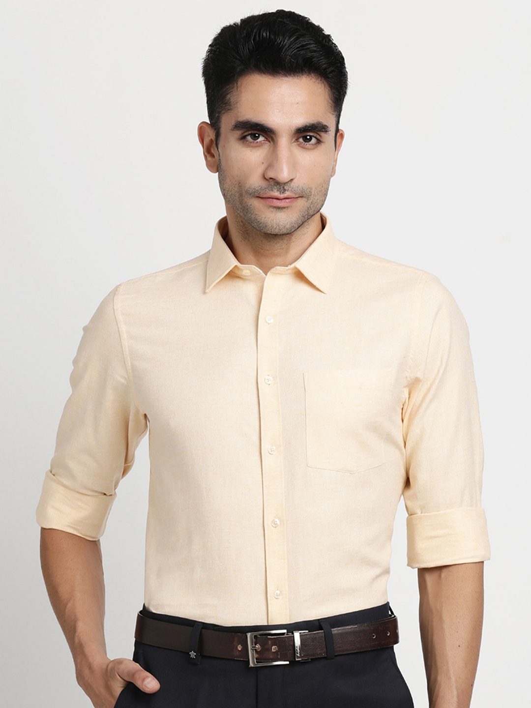 

Turtle Modern Slim Fit Spread Collar Pure Cotton Formal Shirt, Yellow