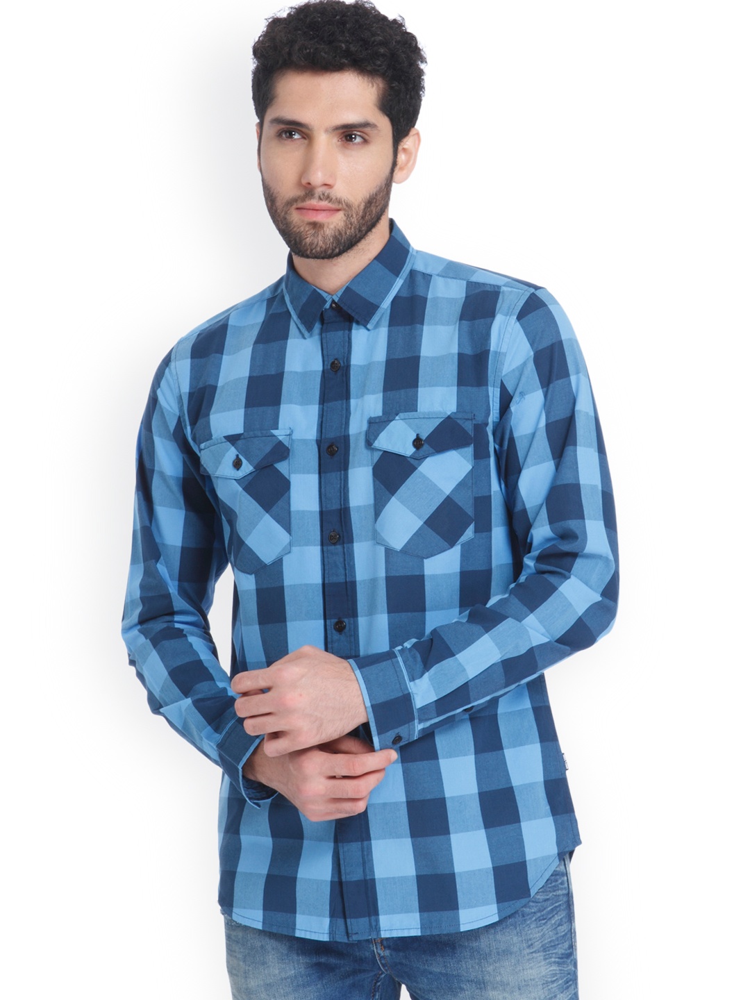 

ONLY & SONS Men Blue Standard Regular Fit Checked Casual Shirt