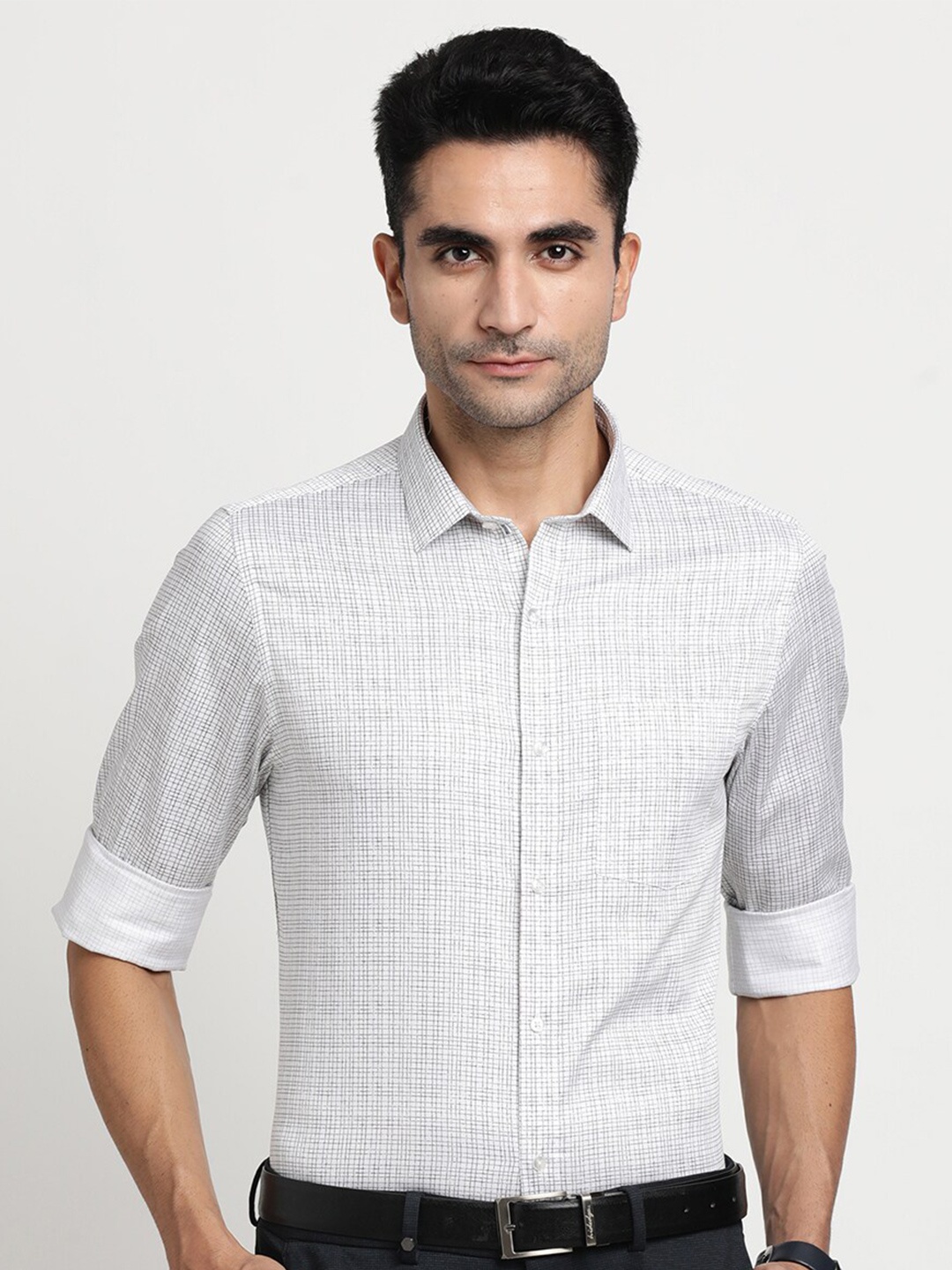 

Turtle Modern Slim Fit Grid Tattersall Checks Opaque Pure Cotton Formal Shirt, White