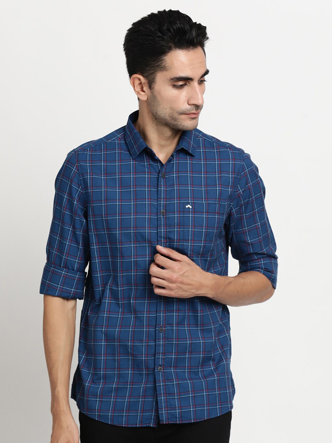 

Turtle Relaxed Slim Fit Grid Tattersall Checked Pure Cotton Casual Shirt, Navy blue