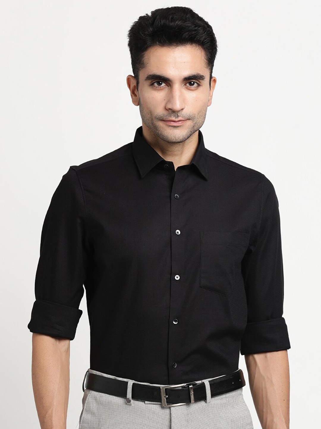 

Turtle Modern Slim Fit Opaque Pure Cotton Formal Shirt, Black