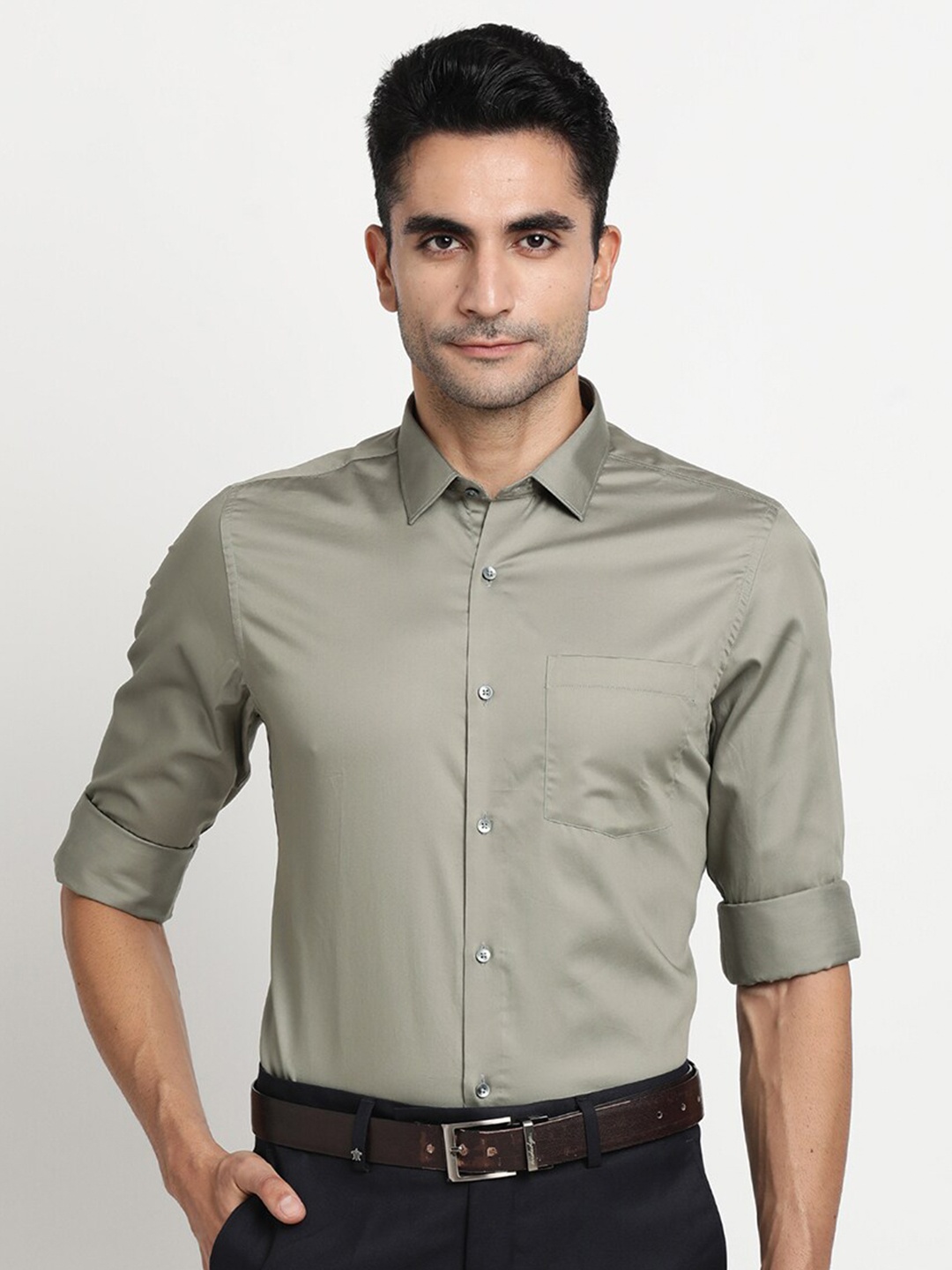 

Turtle Modern Slim Fit Opaque Pure Cotton Formal Shirt, Olive