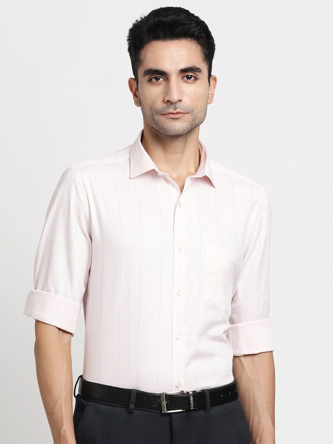 

Turtle Modern Grid Tattersall Checked Pure Cotton Formal Shirt, Pink