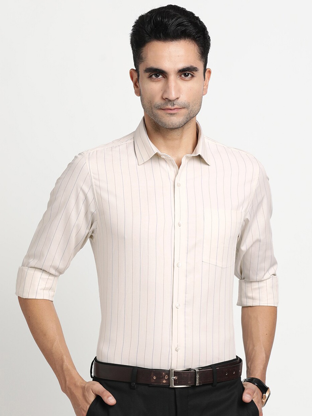 

Turtle Cotton Modern Slim Fit Opaque Striped Formal Shirt, Beige