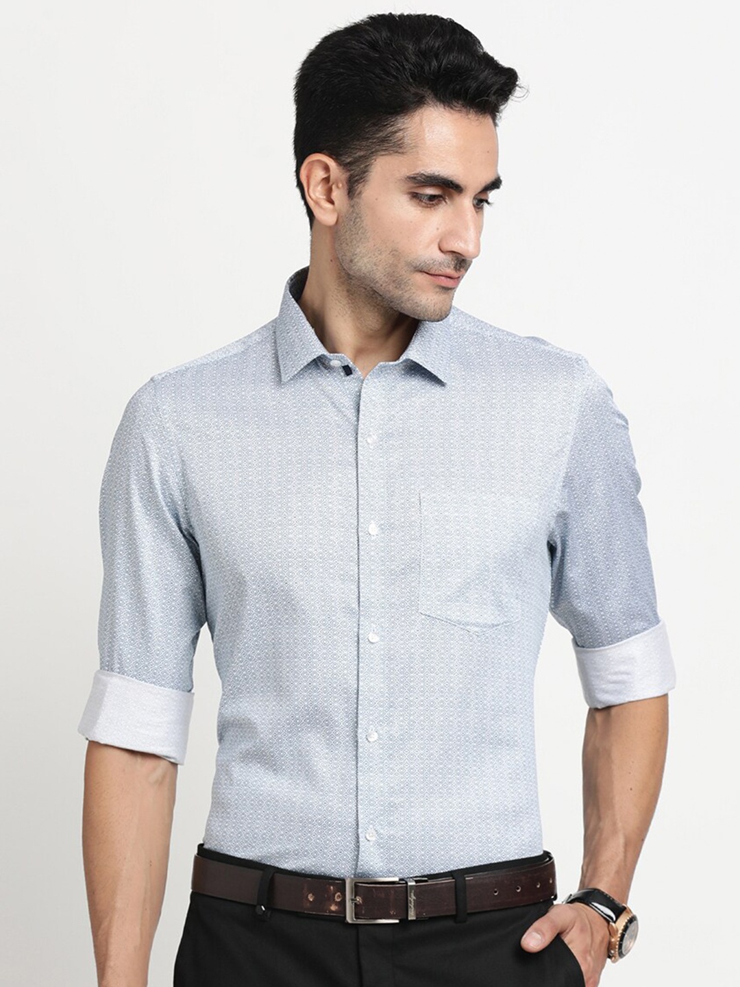 

Turtle Modern Slim Fit Geometric Printed Pure Cotton Formal Shirt, Blue
