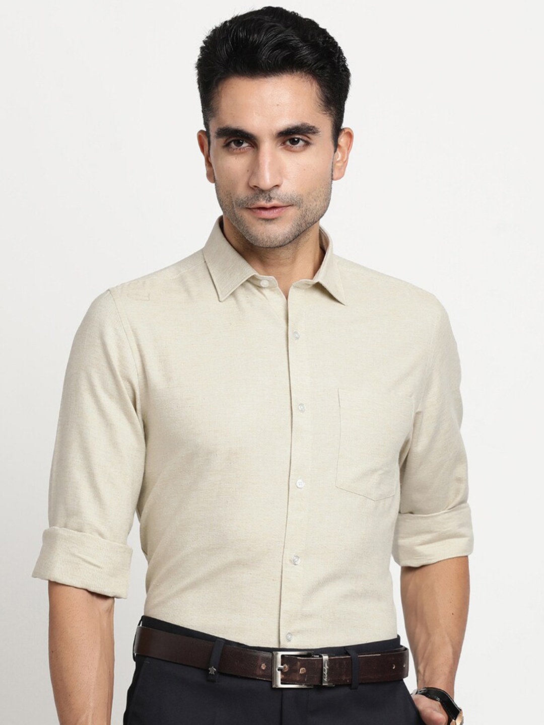 

Turtle Men Modern Slim Fit Opaque Pure Cotton Formal Shirt, Beige